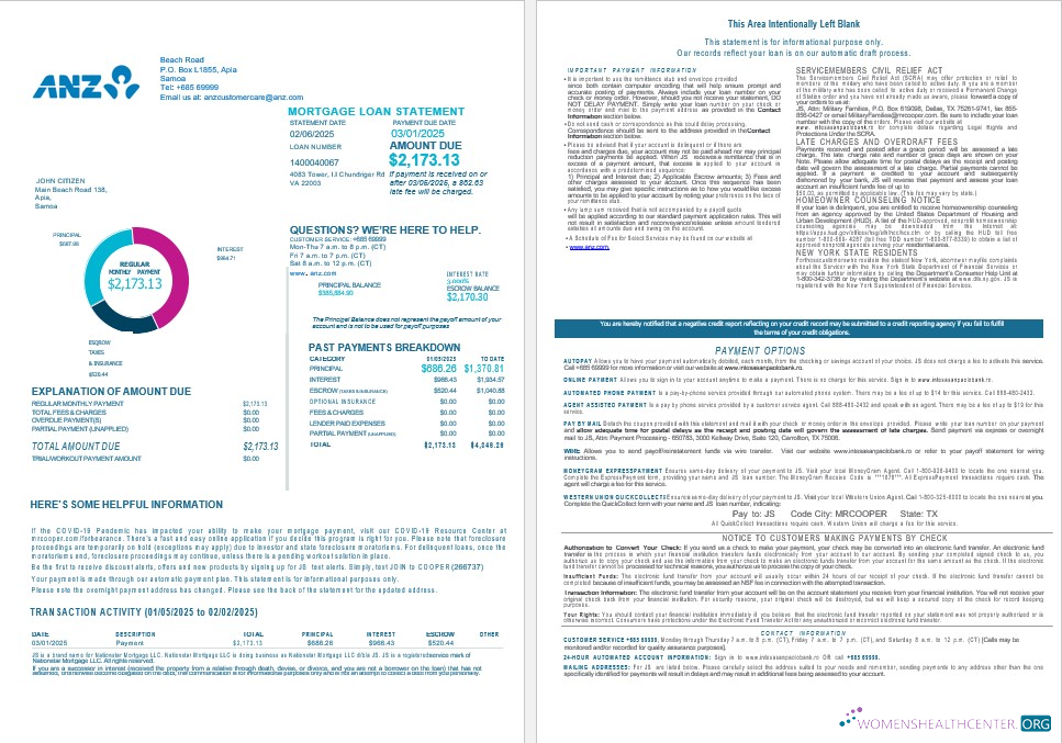 Download Samoa ANZ bank bank mortgage statement in Word and PDF formats 1 2 Photoshop template